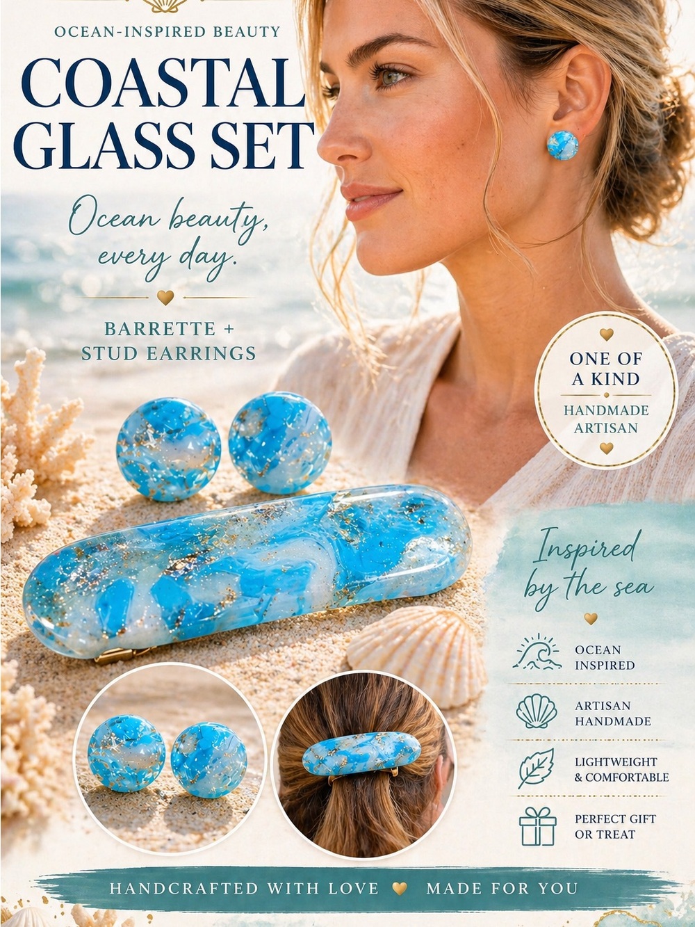 Hand-crafted Ocean Blue & White Glass Pierced "button” earrings NEW - Picture 4 of 8
